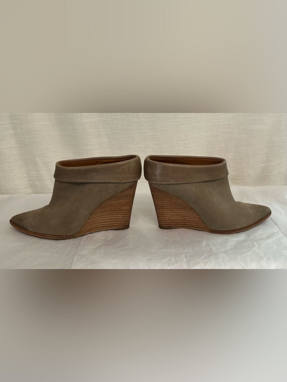 Paolo Taupe Fold-Over Suede Ankle Booties with Stacked Wooden Wedge Heel